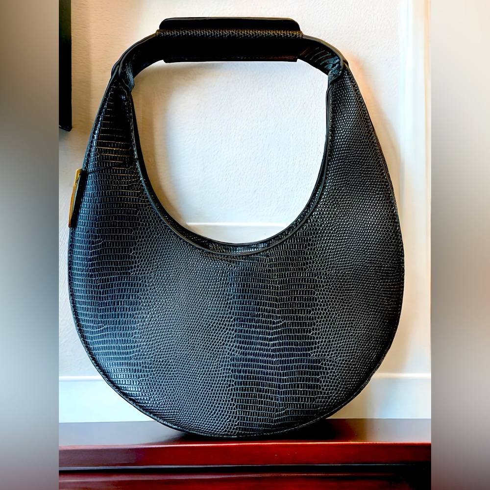 New Faux Leather Lizard Print Half Moon Handbag Black
